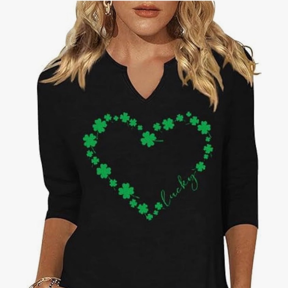 St. Patrick’s Day Black Top with Green Shamrock Heart Design clover